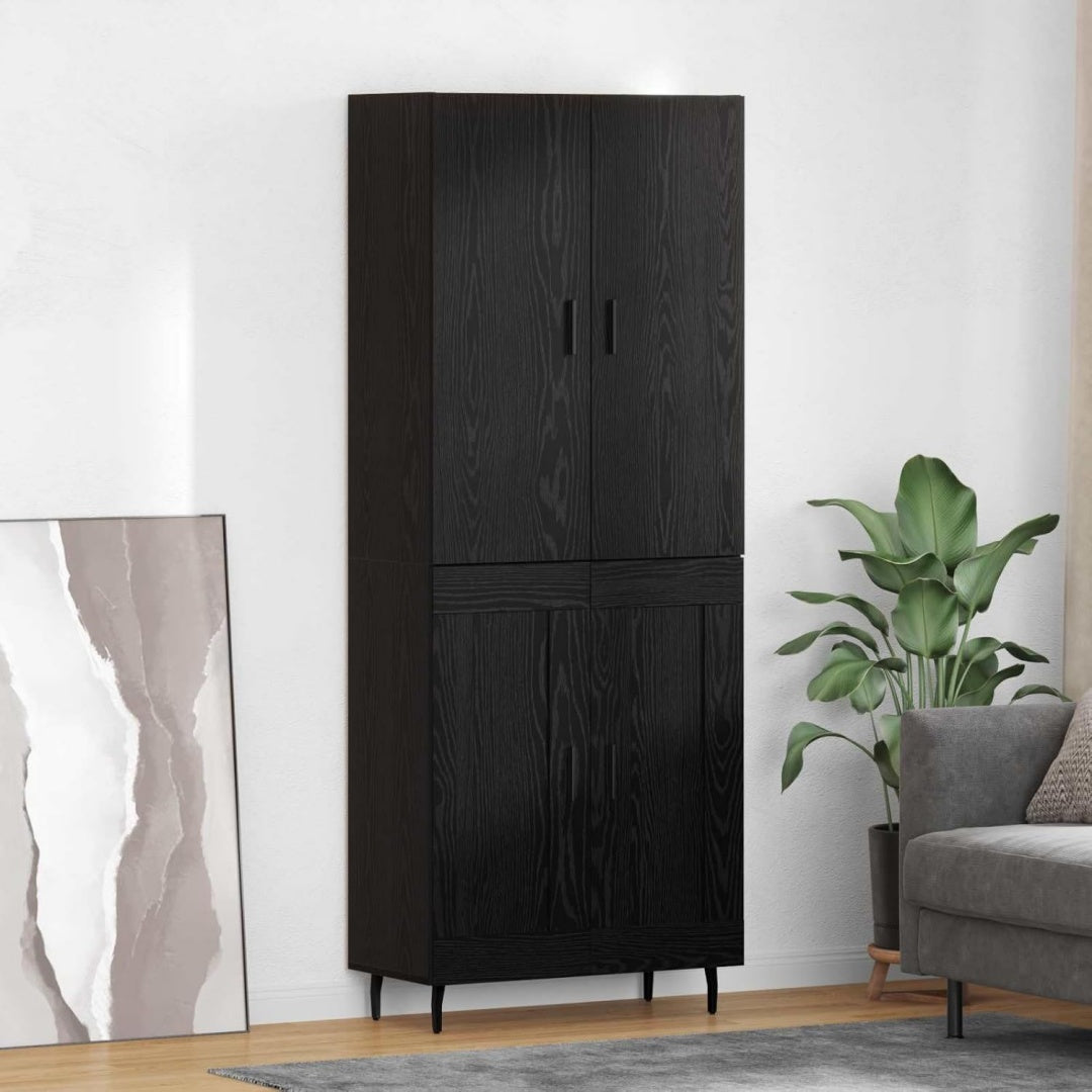 Schubladen ergaenzen den Hochschrank in Schwarz und Eichenbraun