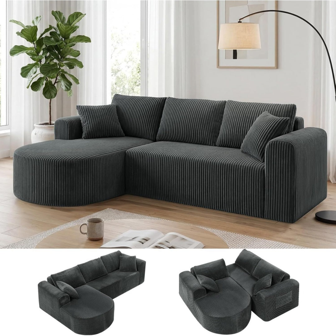 Tiefes Cordsofa mit rechter Liegeflaeche und modularen Polstern