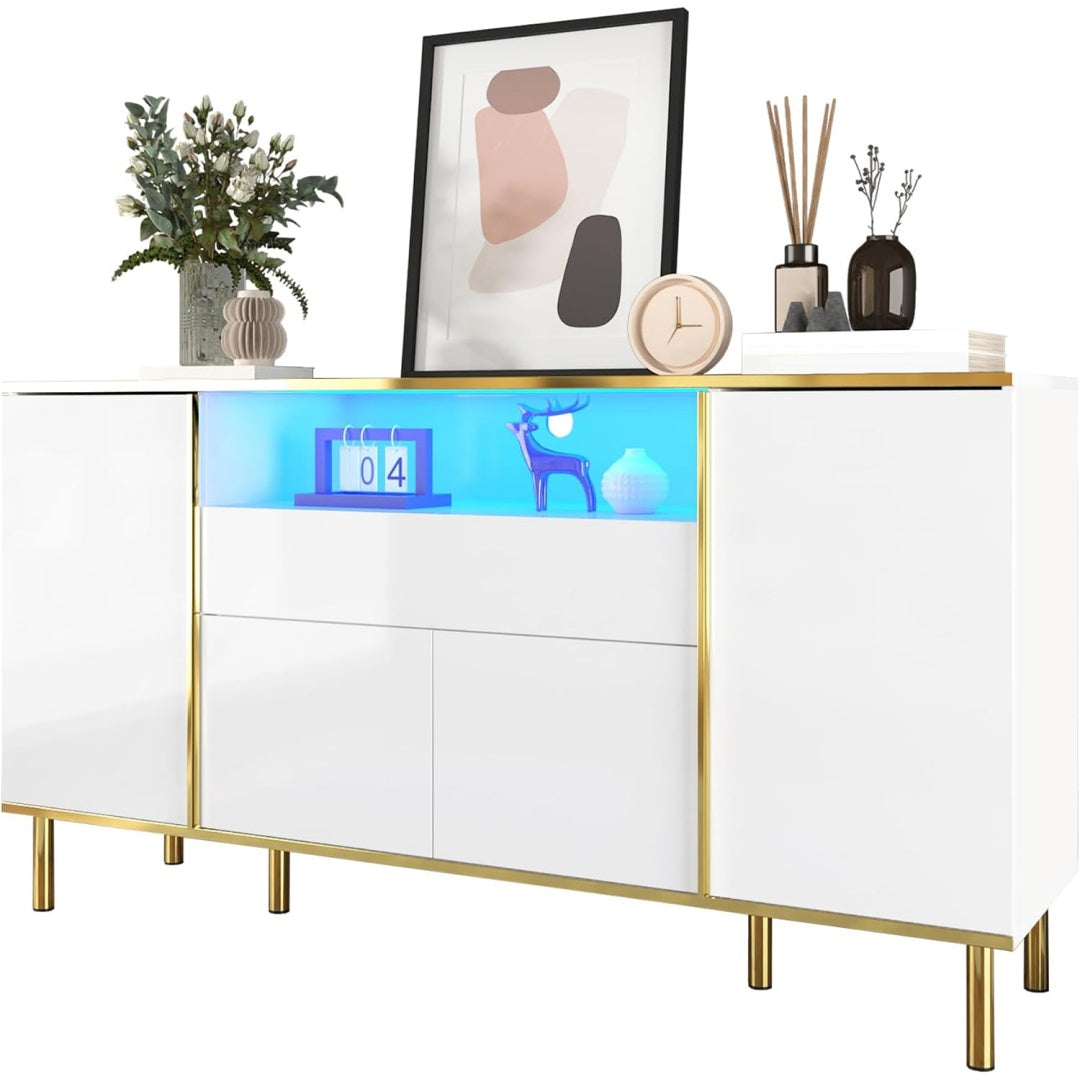 Sideboard mit LED Beleuchtung, glaenzenden Oberflaechen und Schubladen