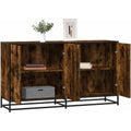 Geschlossener Stauraum praegt das Sideboard in Naturbraun und Schwarz