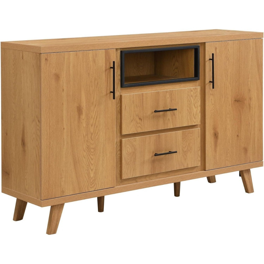 Offene Ablagen und grifflose Fronten an dem Sideboard